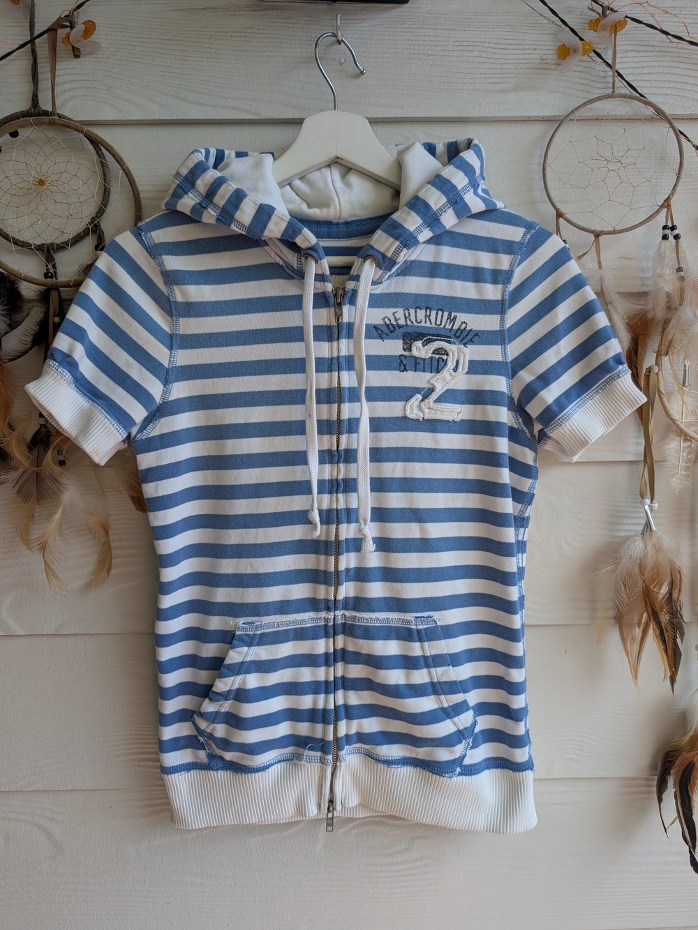 Y2K Abercrombie & Fitch blue white striped short sleeve zip-up Hooded Zip Tee M